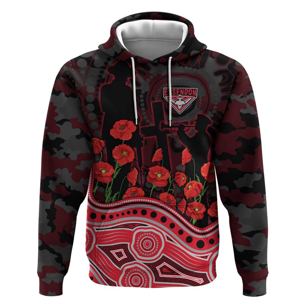 Essendon Bombers ANZAC Day Hoodie Indigenous Dot Art with Poppy Flower Tribute
