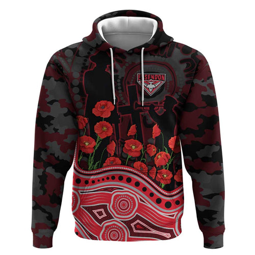 Essendon Bombers ANZAC Day Hoodie Indigenous Dot Art with Poppy Flower Tribute