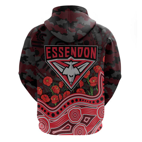 Essendon Bombers ANZAC Day Hoodie Indigenous Dot Art with Poppy Flower Tribute