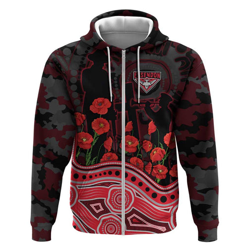 Essendon Bombers ANZAC Day Hoodie Indigenous Dot Art with Poppy Flower Tribute