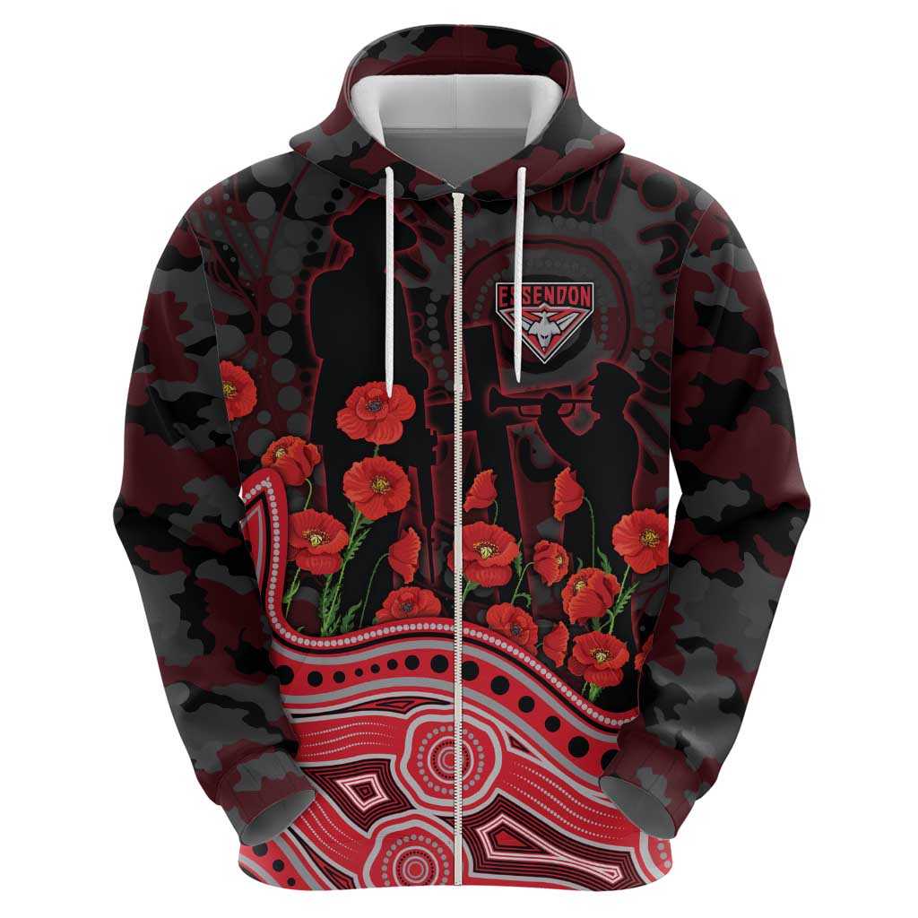 Essendon Bombers ANZAC Day Hoodie Indigenous Dot Art with Poppy Flower Tribute