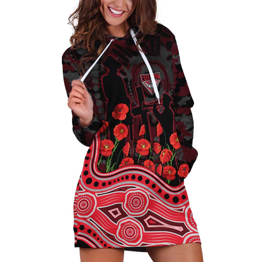 Essendon Bombers ANZAC Day Hoodie Dress Indigenous Dot Art with Poppy Flower Tribute