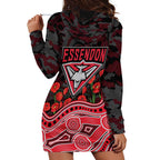 Essendon Bombers ANZAC Day Hoodie Dress Indigenous Dot Art with Poppy Flower Tribute