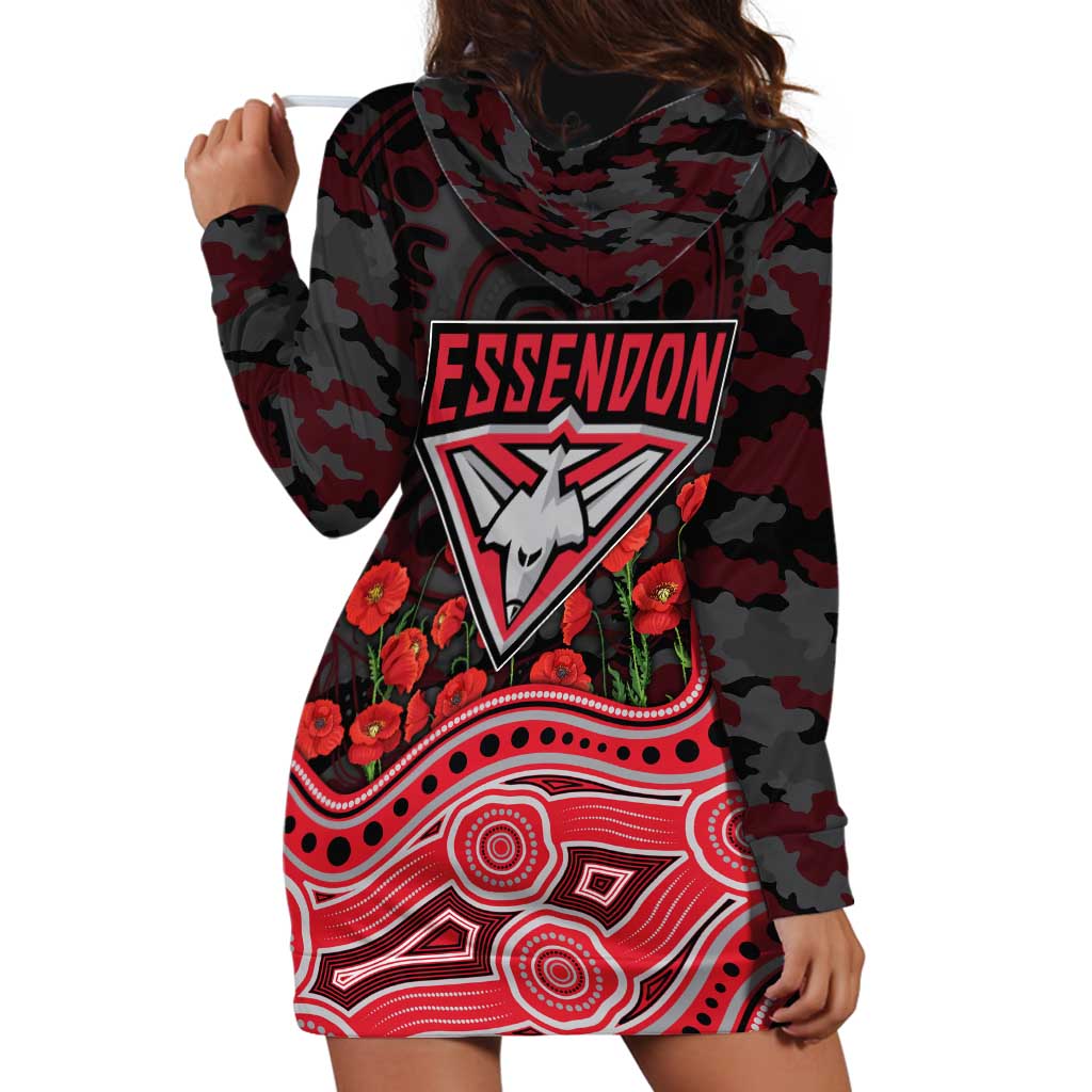 Essendon Bombers ANZAC Day Hoodie Dress Indigenous Dot Art with Poppy Flower Tribute