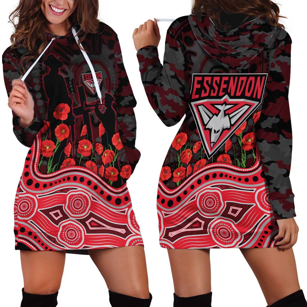 Essendon Bombers ANZAC Day Hoodie Dress Indigenous Dot Art with Poppy Flower Tribute