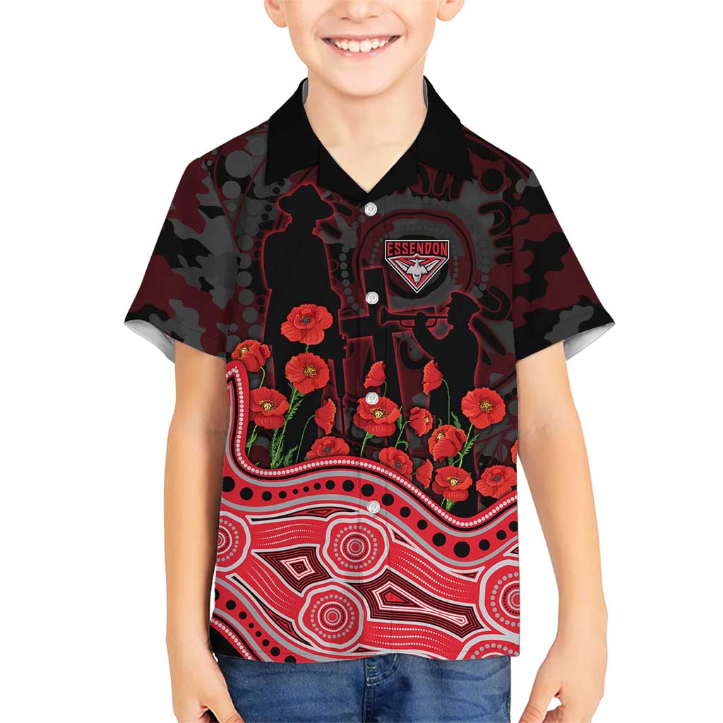 Essendon Bombers ANZAC Day Kid Hawaiian Shirt Indigenous Dot Art with Poppy Flower Tribute