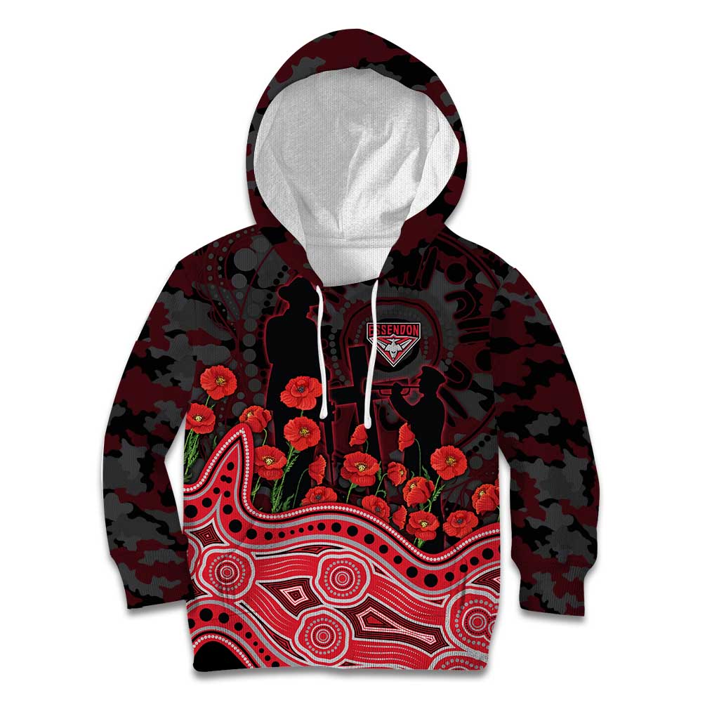 Essendon Bombers ANZAC Day Kid Hoodie Indigenous Dot Art with Poppy Flower Tribute