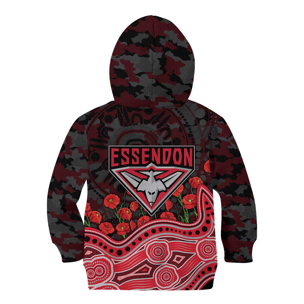 Essendon Bombers ANZAC Day Kid Hoodie Indigenous Dot Art with Poppy Flower Tribute