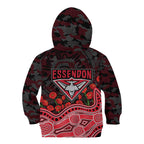 Essendon Bombers ANZAC Day Kid Hoodie Indigenous Dot Art with Poppy Flower Tribute