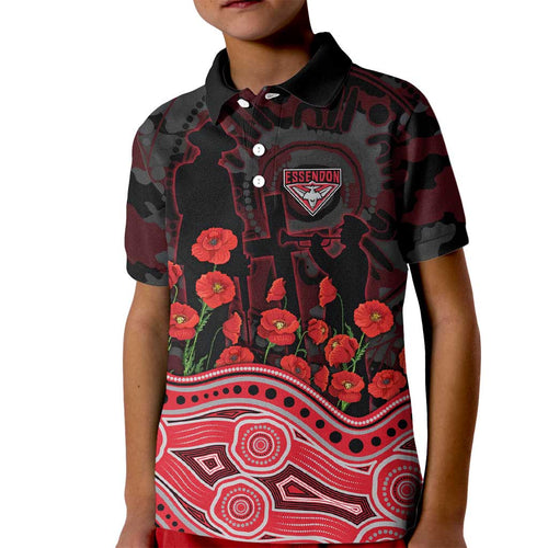 Essendon Bombers ANZAC Day Kid Polo Shirt Indigenous Dot Art with Poppy Flower Tribute