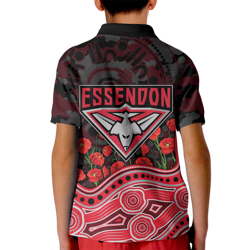 Essendon Bombers ANZAC Day Kid Polo Shirt Indigenous Dot Art with Poppy Flower Tribute