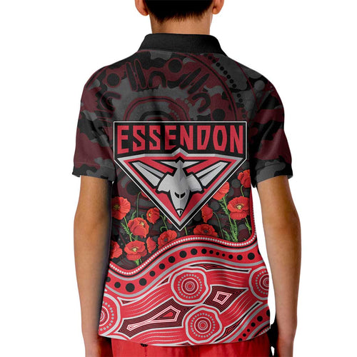 Essendon Bombers ANZAC Day Kid Polo Shirt Indigenous Dot Art with Poppy Flower Tribute