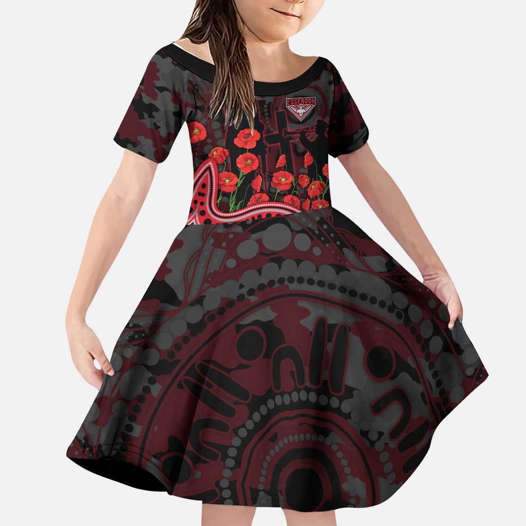 Essendon Bombers ANZAC Day Kid Short Sleeve Dress Indigenous Dot Art with Poppy Flower Tribute