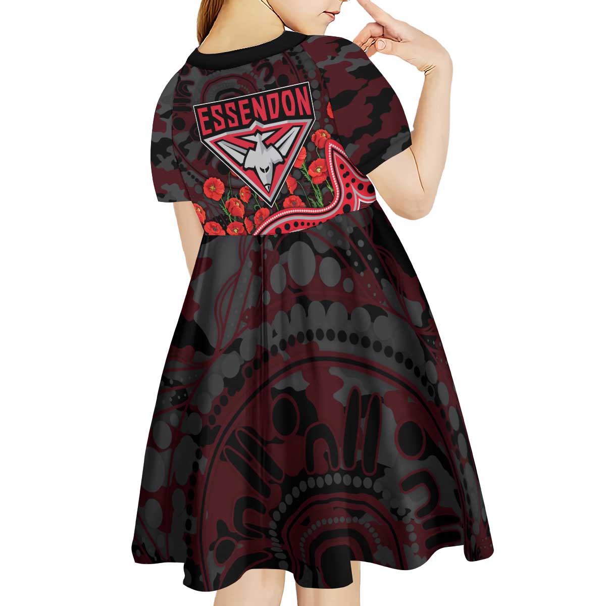 Essendon Bombers ANZAC Day Kid Short Sleeve Dress Indigenous Dot Art with Poppy Flower Tribute