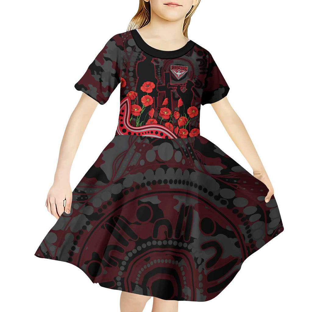 Essendon Bombers ANZAC Day Kid Short Sleeve Dress Indigenous Dot Art with Poppy Flower Tribute
