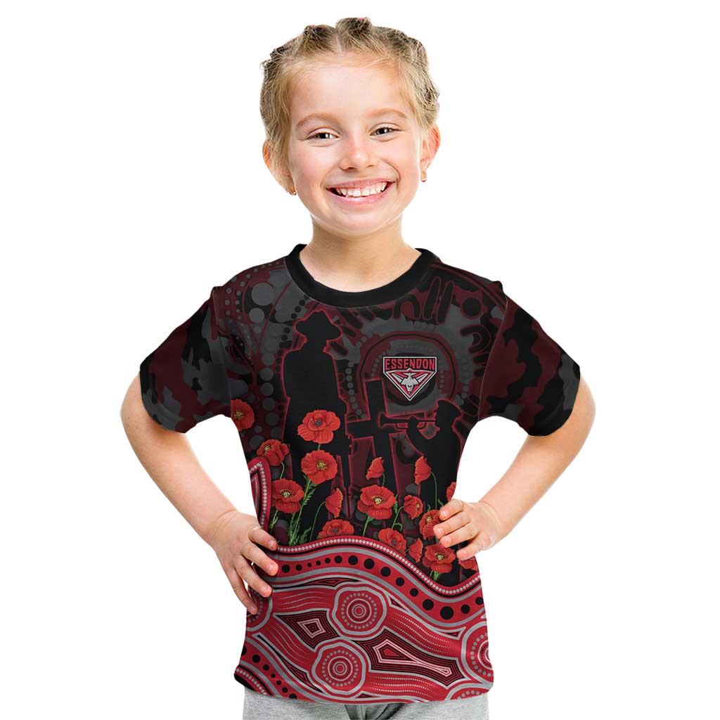 Essendon Bombers ANZAC Day Kid T Shirt Indigenous Dot Art with Poppy Flower Tribute