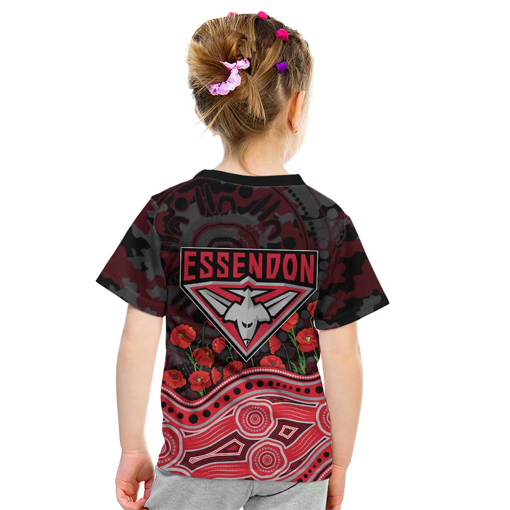 Essendon Bombers ANZAC Day Kid T Shirt Indigenous Dot Art with Poppy Flower Tribute
