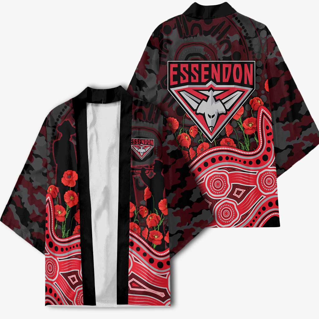 Essendon Bombers ANZAC Day Kimono Indigenous Dot Art with Poppy Flower Tribute