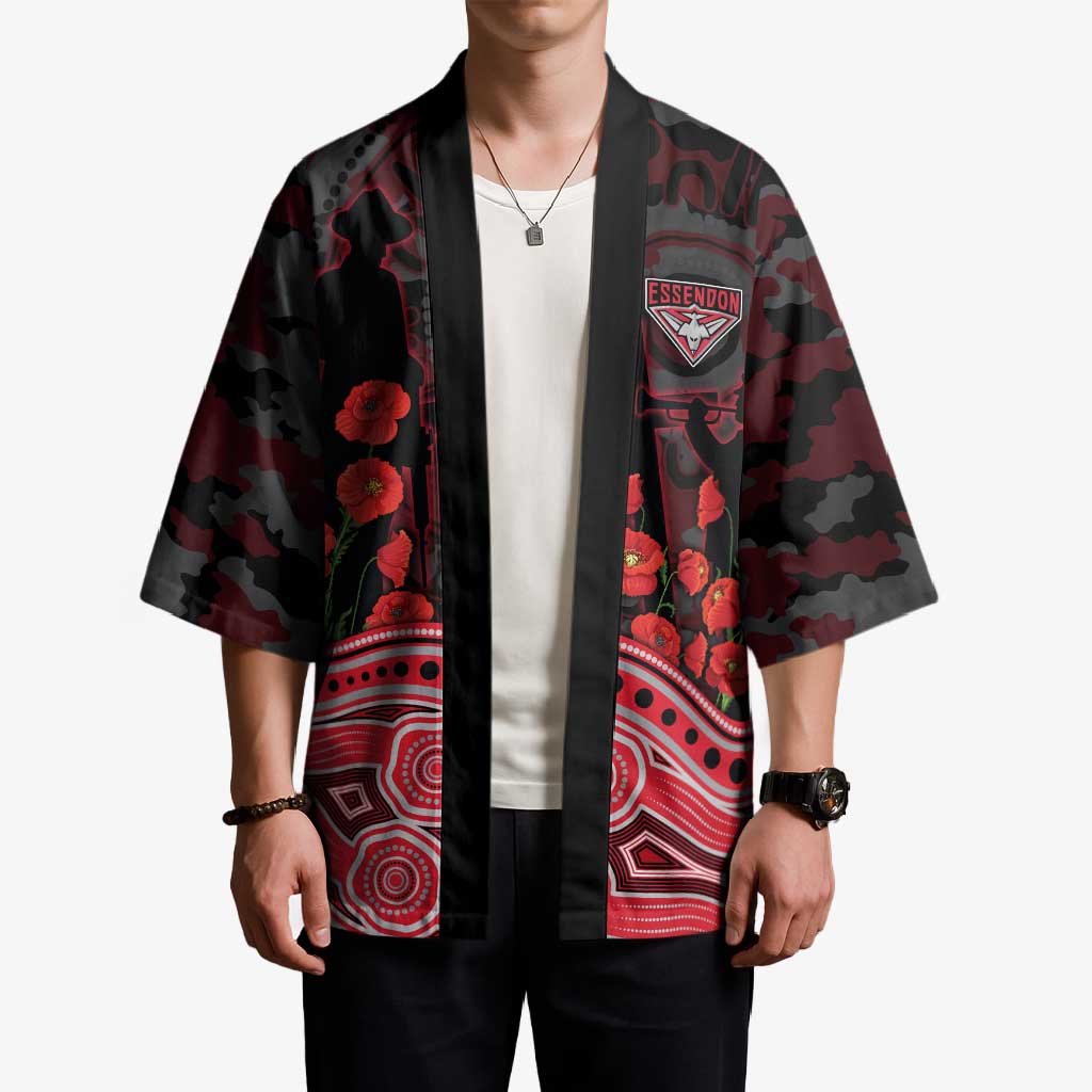 Essendon Bombers ANZAC Day Kimono Indigenous Dot Art with Poppy Flower Tribute