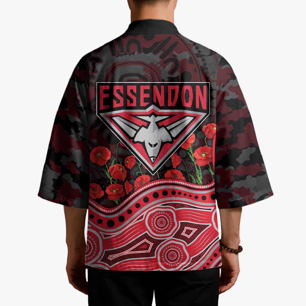 Essendon Bombers ANZAC Day Kimono Indigenous Dot Art with Poppy Flower Tribute