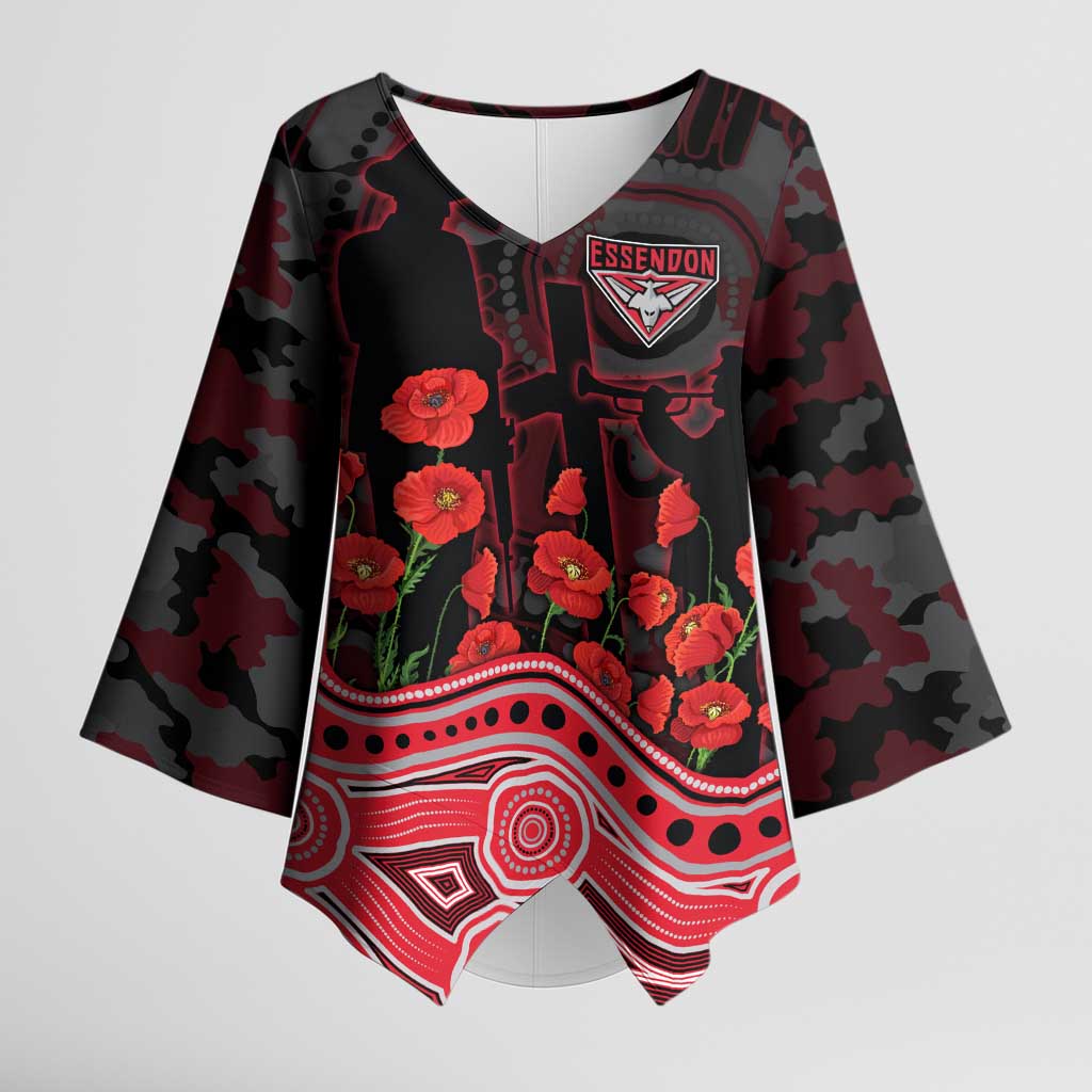 Essendon Bombers ANZAC Day Kimono Sleeve Blouse Indigenous Dot Art with Poppy Flower Tribute
