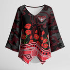 Essendon Bombers ANZAC Day Kimono Sleeve Blouse Indigenous Dot Art with Poppy Flower Tribute