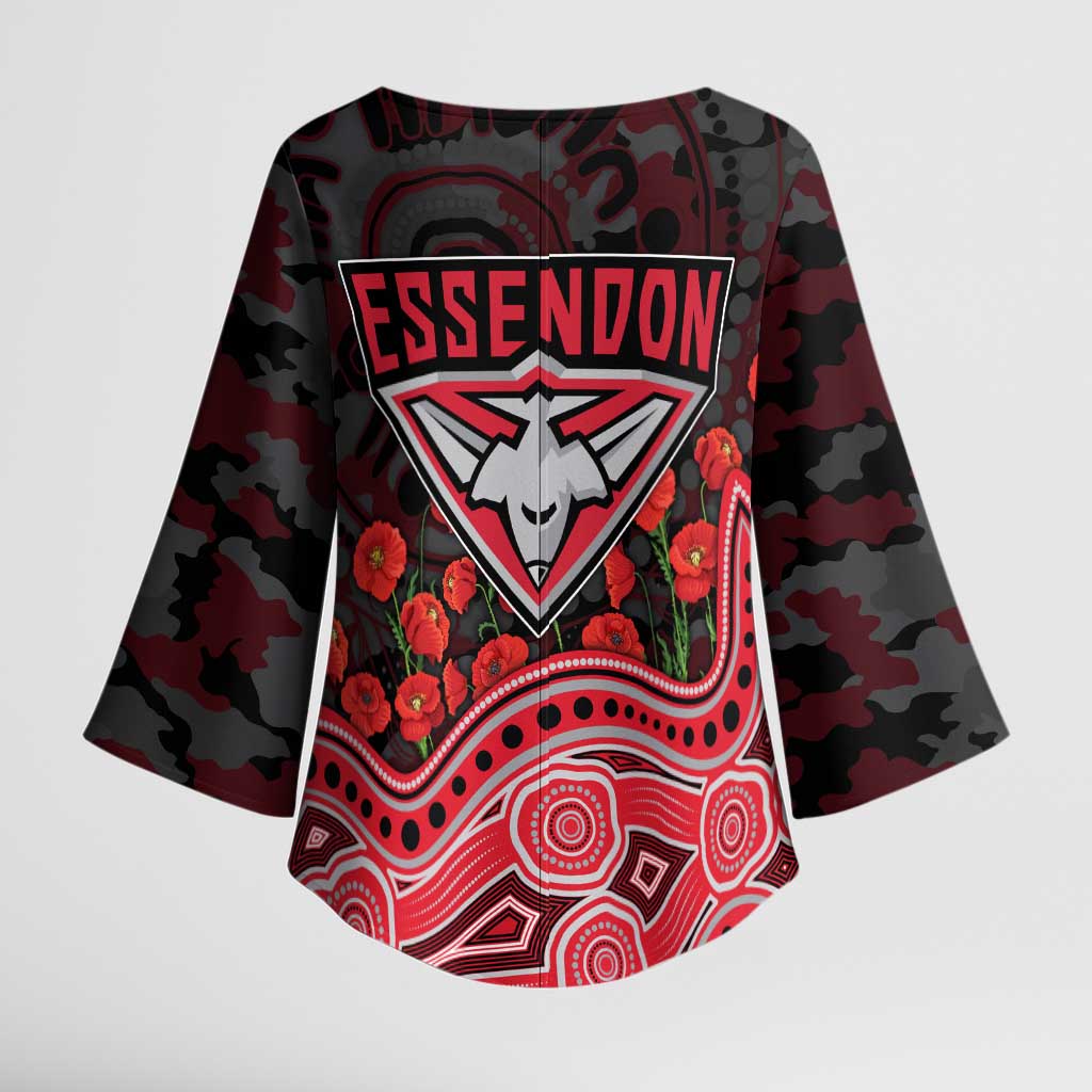 Essendon Bombers ANZAC Day Kimono Sleeve Blouse Indigenous Dot Art with Poppy Flower Tribute