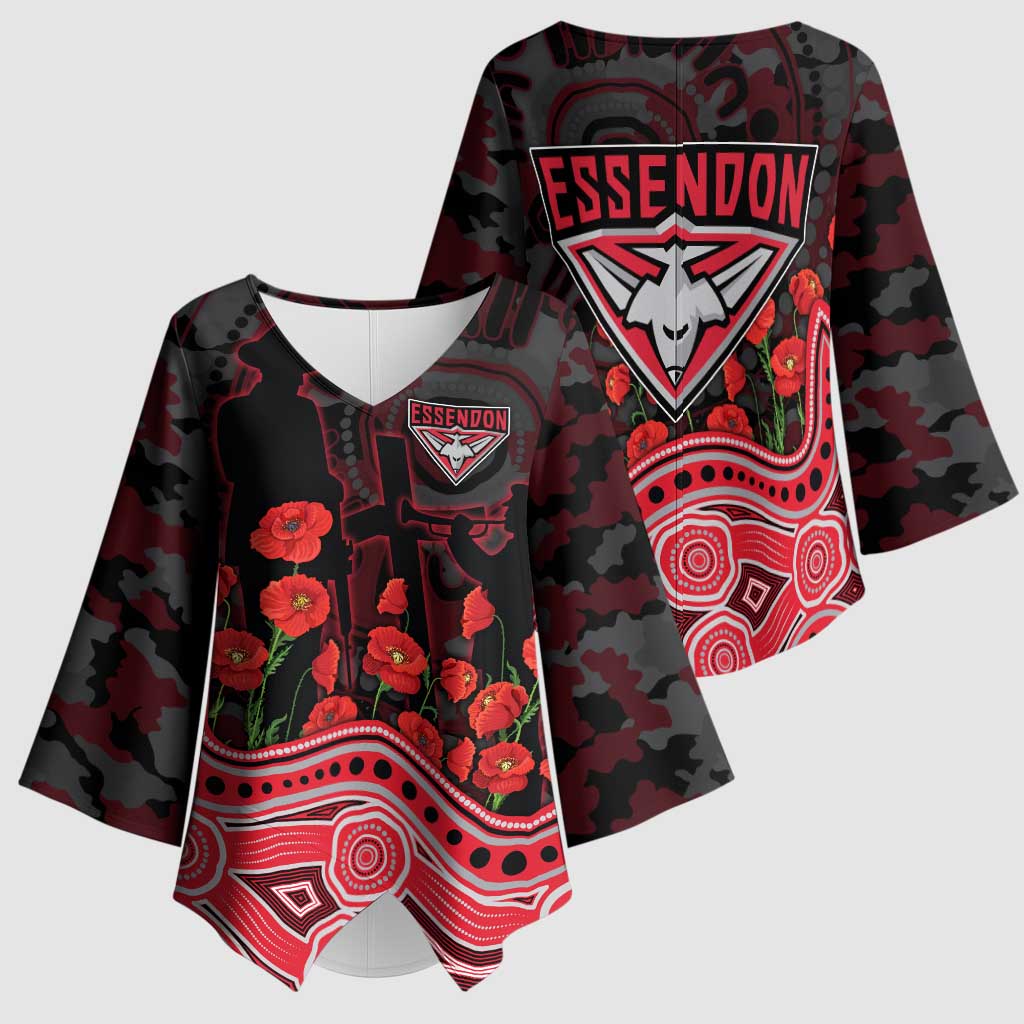 Essendon Bombers ANZAC Day Kimono Sleeve Blouse Indigenous Dot Art with Poppy Flower Tribute