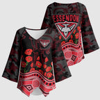 Essendon Bombers ANZAC Day Kimono Sleeve Blouse Indigenous Dot Art with Poppy Flower Tribute