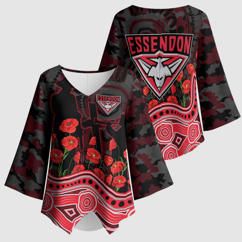 Essendon Bombers ANZAC Day Kimono Sleeve Blouse Indigenous Dot Art with Poppy Flower Tribute