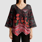 Essendon Bombers ANZAC Day Kimono Sleeve Blouse Indigenous Dot Art with Poppy Flower Tribute