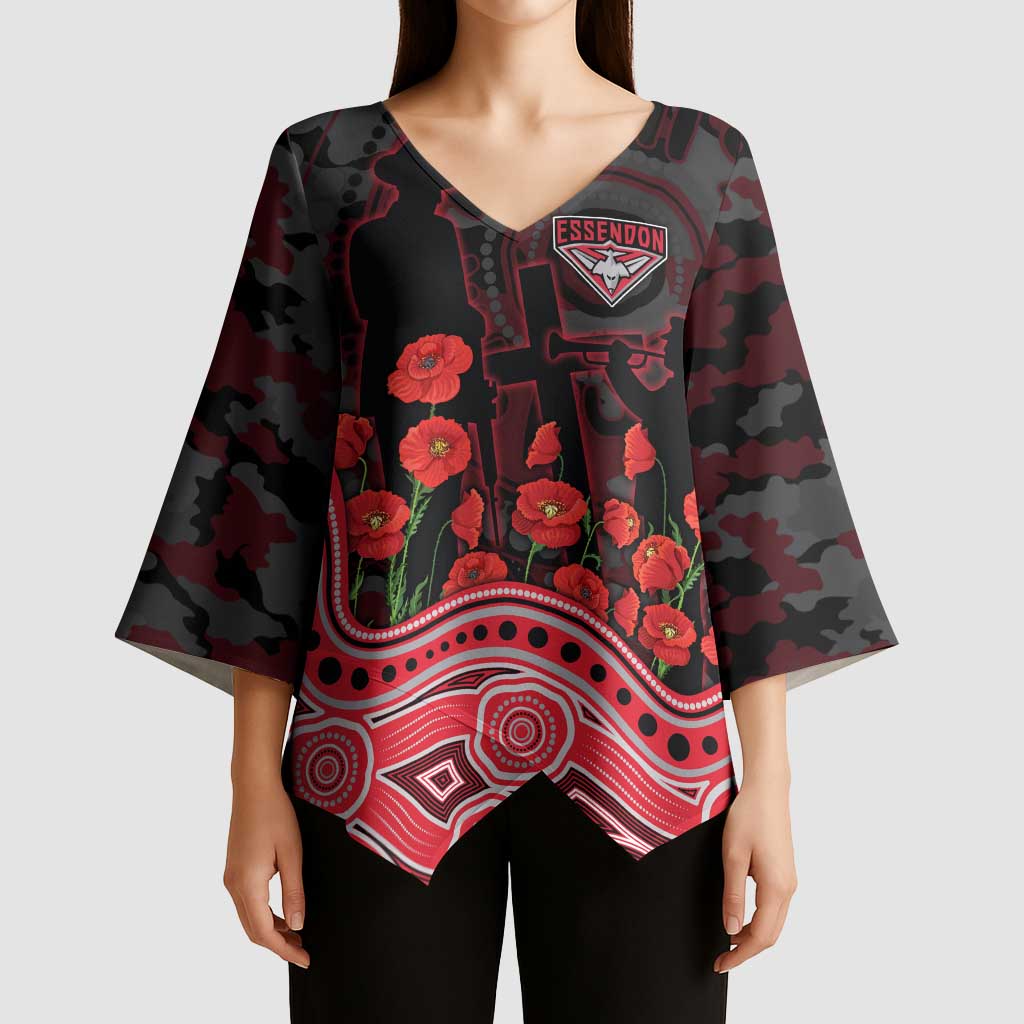 Essendon Bombers ANZAC Day Kimono Sleeve Blouse Indigenous Dot Art with Poppy Flower Tribute
