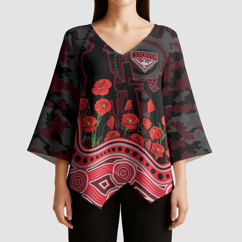 Essendon Bombers ANZAC Day Kimono Sleeve Blouse Indigenous Dot Art with Poppy Flower Tribute