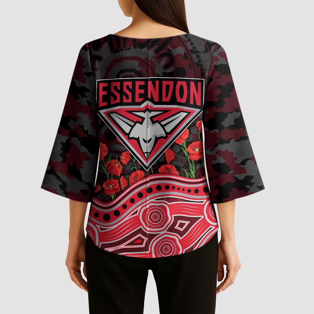 Essendon Bombers ANZAC Day Kimono Sleeve Blouse Indigenous Dot Art with Poppy Flower Tribute