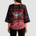 Essendon Bombers ANZAC Day Kimono Sleeve Blouse Indigenous Dot Art with Poppy Flower Tribute