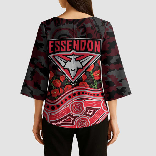 Essendon Bombers ANZAC Day Kimono Sleeve Blouse Indigenous Dot Art with Poppy Flower Tribute