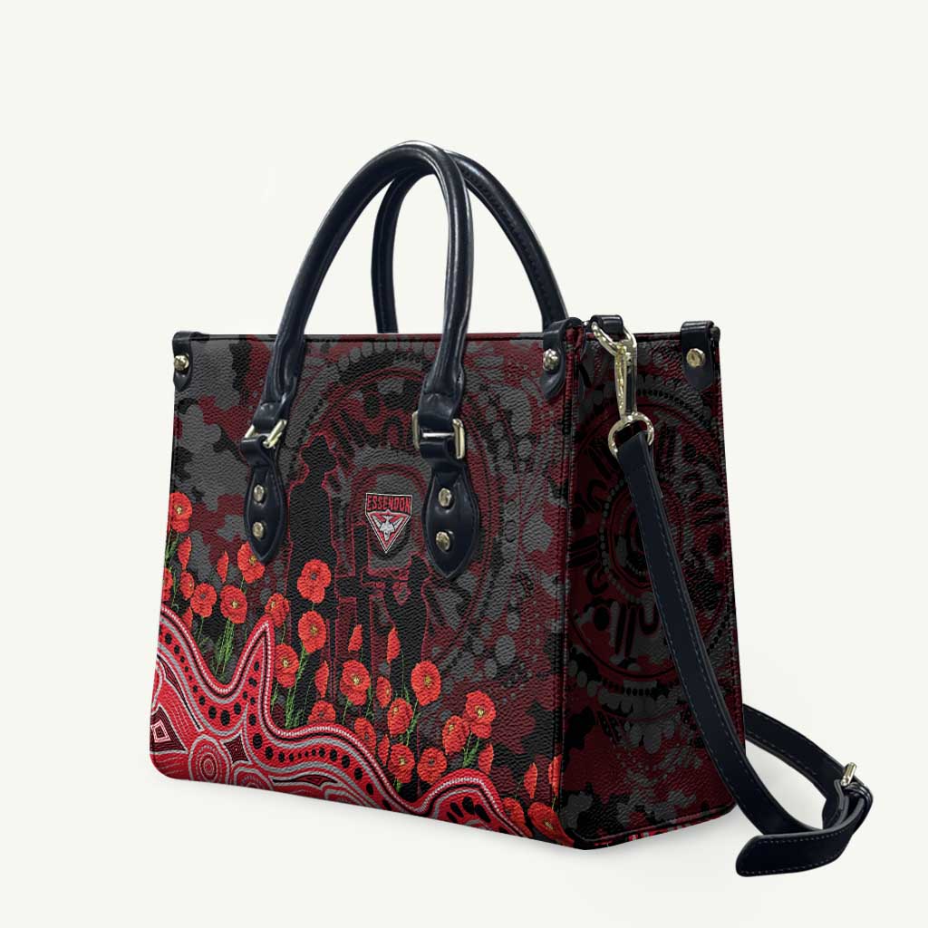Essendon Bombers ANZAC Day Leather Bag Indigenous Dot Art with Poppy Flower Tribute