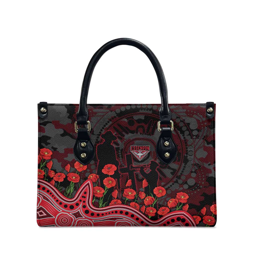 Essendon Bombers ANZAC Day Leather Bag Indigenous Dot Art with Poppy Flower Tribute
