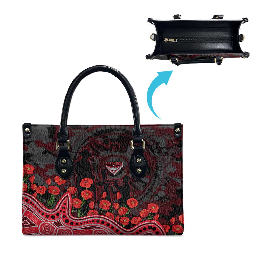 Essendon Bombers ANZAC Day Leather Bag Indigenous Dot Art with Poppy Flower Tribute