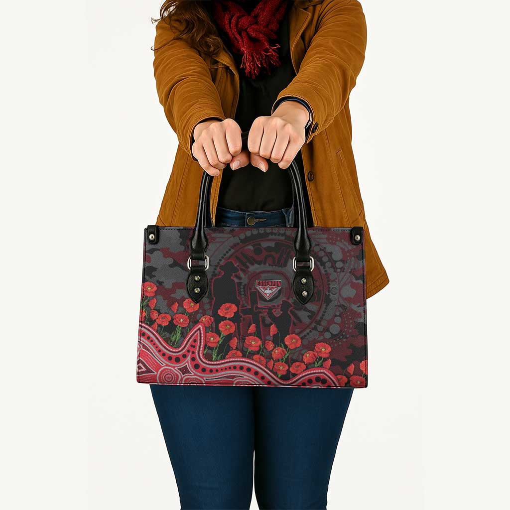 Essendon Bombers ANZAC Day Leather Bag Indigenous Dot Art with Poppy Flower Tribute