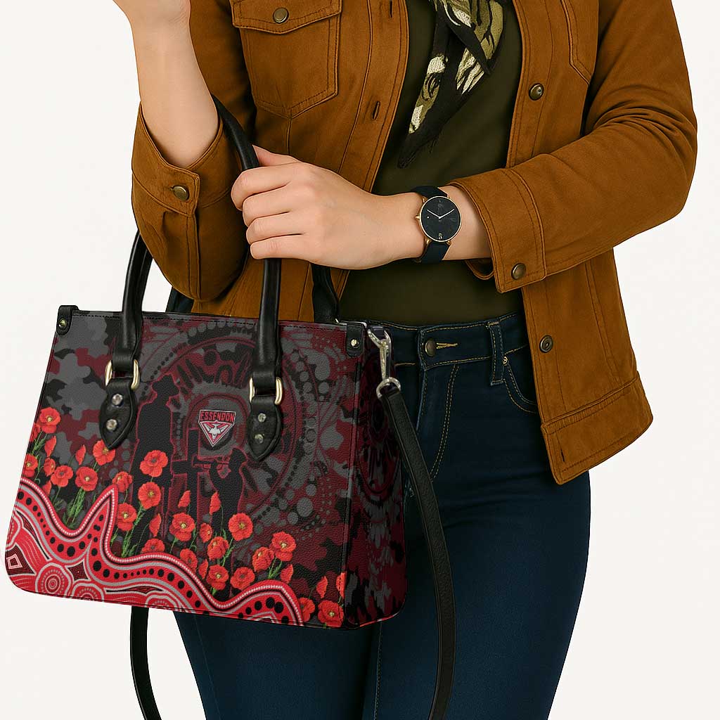 Essendon Bombers ANZAC Day Leather Bag Indigenous Dot Art with Poppy Flower Tribute