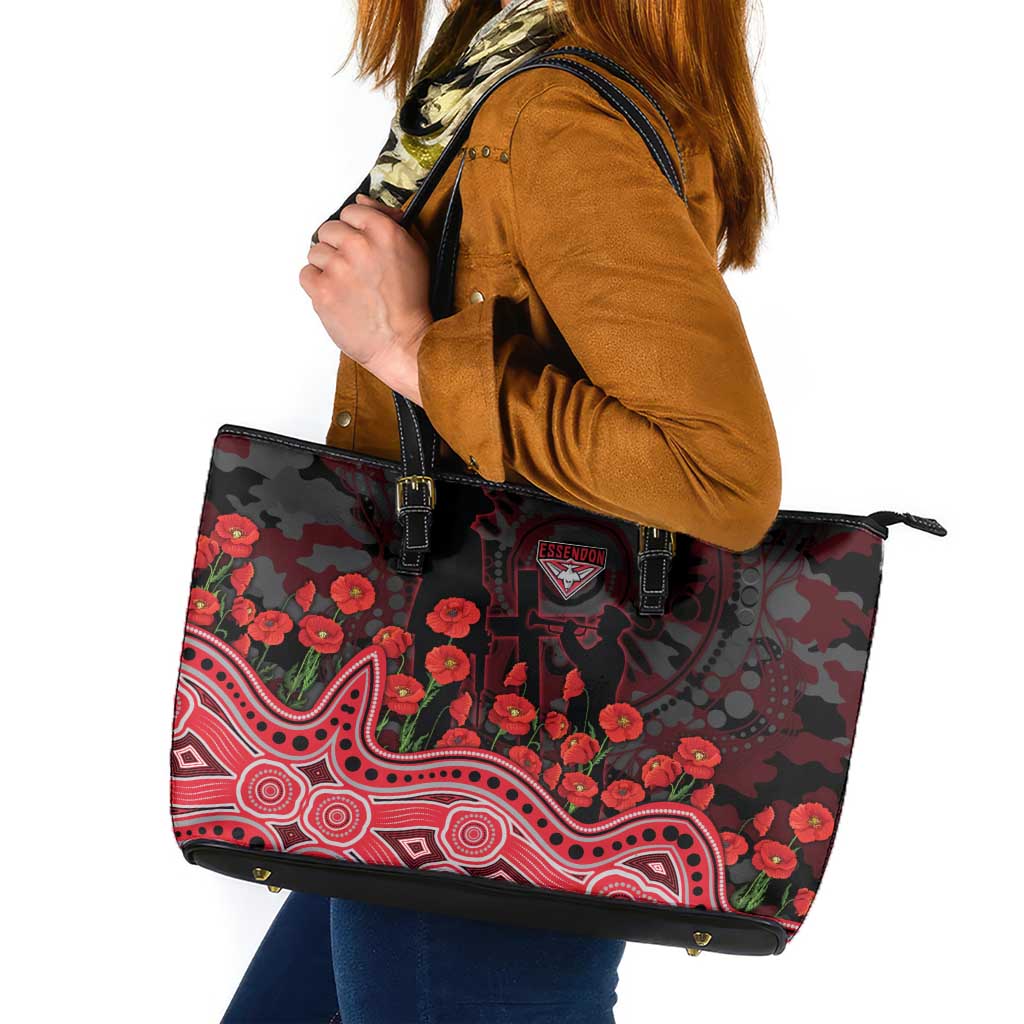 Essendon Bombers ANZAC Day Leather Tote Bag Indigenous Dot Art with Poppy Flower Tribute