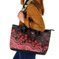Essendon Bombers ANZAC Day Leather Tote Bag Indigenous Dot Art with Poppy Flower Tribute