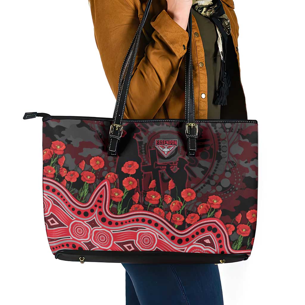 Essendon Bombers ANZAC Day Leather Tote Bag Indigenous Dot Art with Poppy Flower Tribute