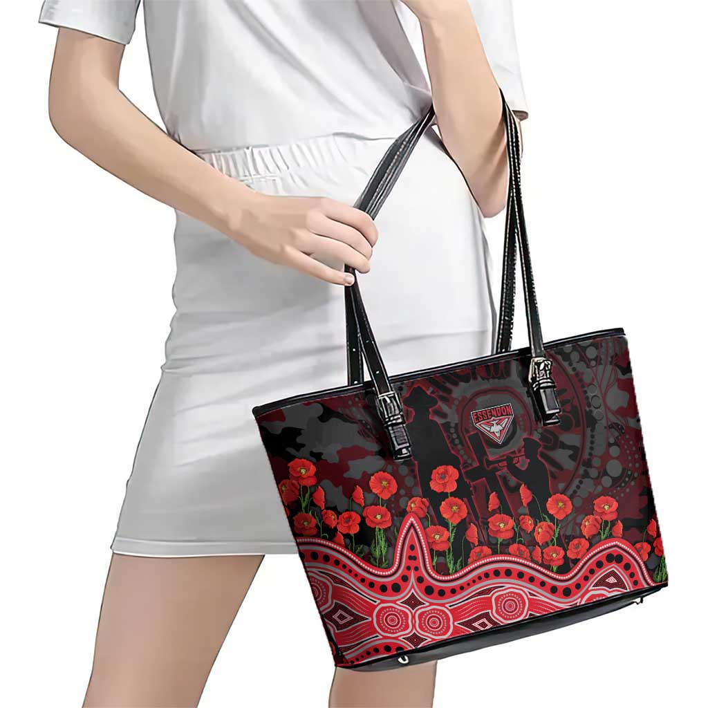 Essendon Bombers ANZAC Day Leather Tote Bag Indigenous Dot Art with Poppy Flower Tribute