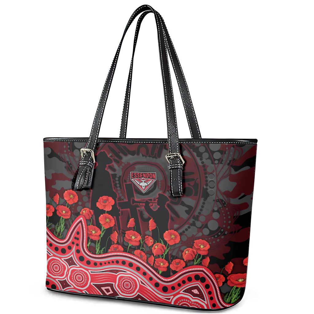 Essendon Bombers ANZAC Day Leather Tote Bag Indigenous Dot Art with Poppy Flower Tribute