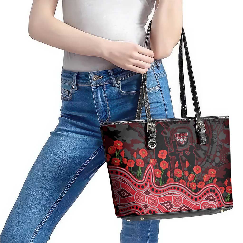 Essendon Bombers ANZAC Day Leather Tote Bag Indigenous Dot Art with Poppy Flower Tribute