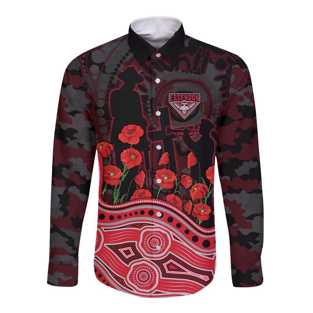 Essendon Bombers ANZAC Day Long Sleeve Button Shirt Indigenous Dot Art with Poppy Flower Tribute