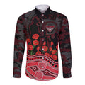Essendon Bombers ANZAC Day Long Sleeve Button Shirt Indigenous Dot Art with Poppy Flower Tribute