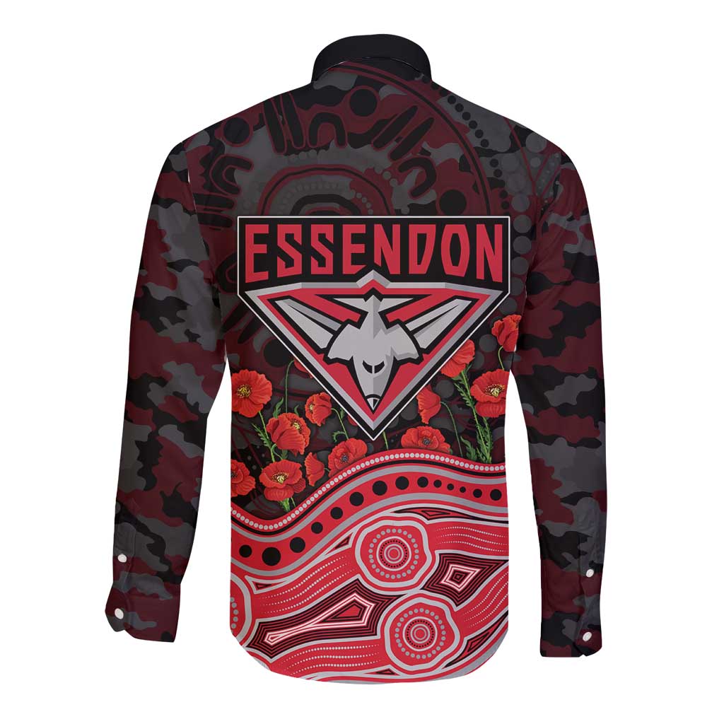 Essendon Bombers ANZAC Day Long Sleeve Button Shirt Indigenous Dot Art with Poppy Flower Tribute